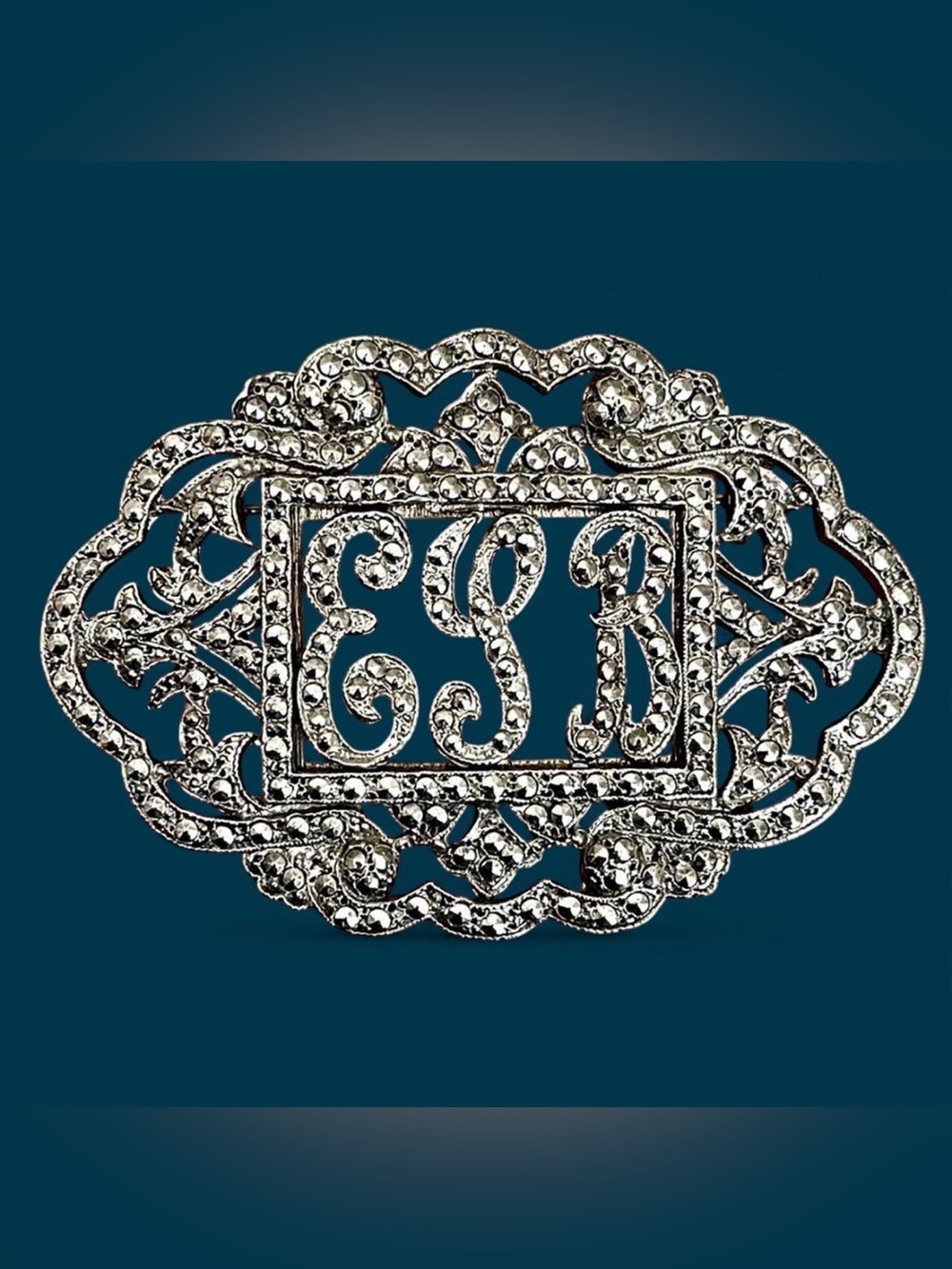 Vintage Art Deco Marcasite Style Monogram Brooch Pin Retro Victorian Revival EUC